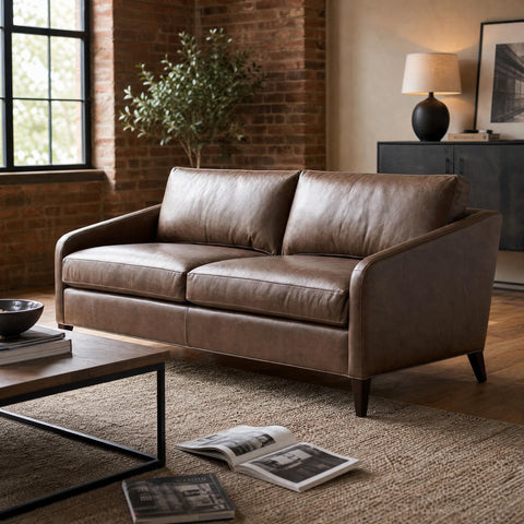 Lifestyle scene of the Frannie Leather Sofa styled in a cozy living space with warm lighting and rustic decor.