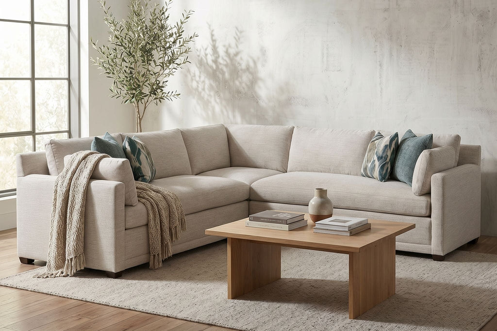 Luxurious Sylvie bench seat sectional with plush cushions and wooden frame in a modern living room setting.
