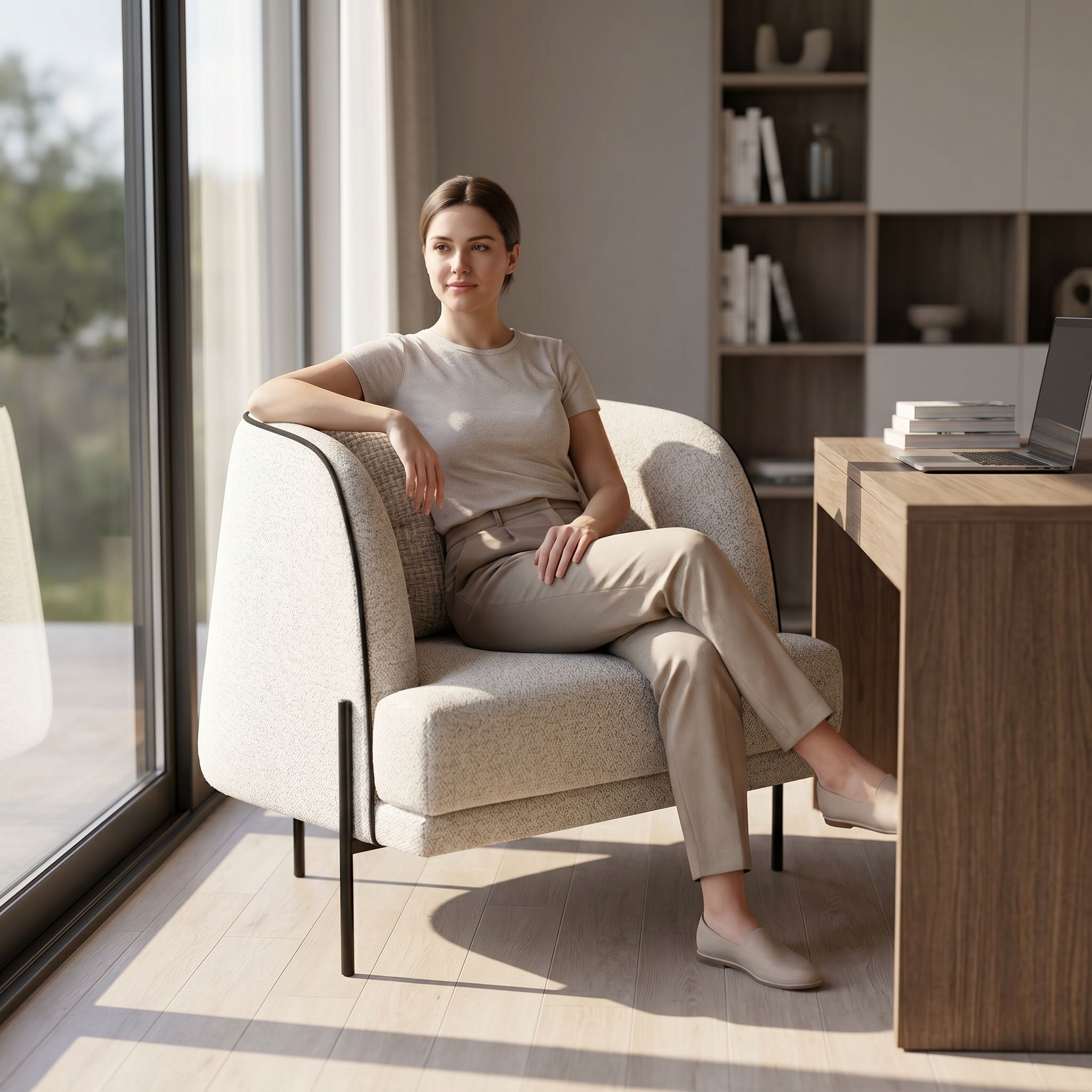 Model sitting comfortably in Giroud Chair in home office environment demonstrating ergonomic design and modern silhouette.