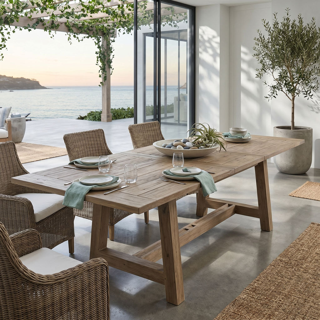 Interior scene of the Coastal Teak Dining Table with extended leaf, highlighting craftsmanship, rustic grooves, and coastal decor elements.