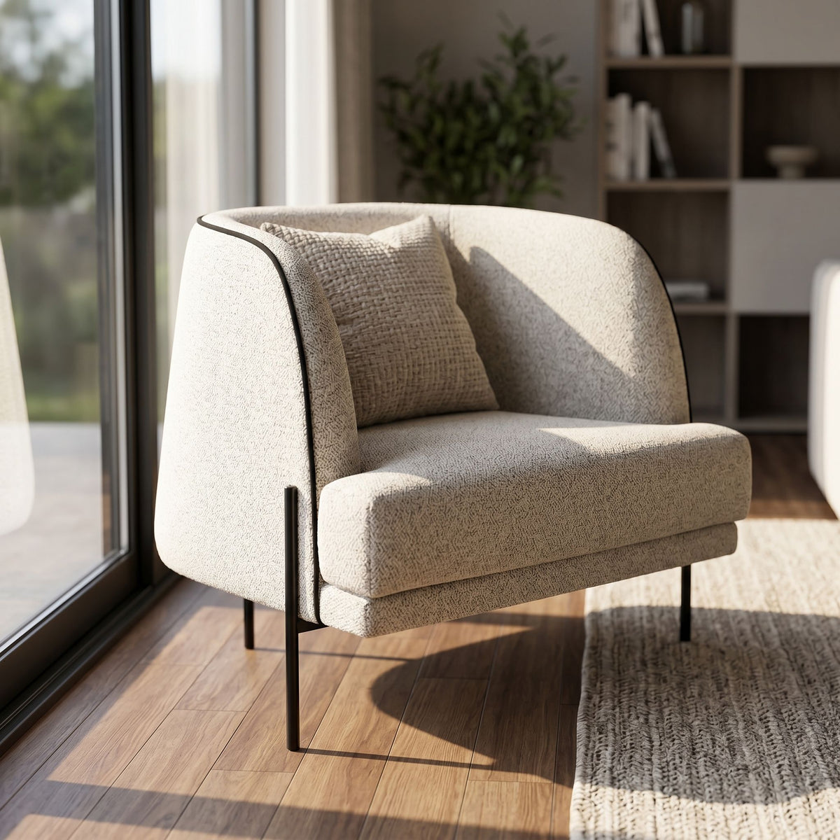 Giroud Chair in a modern living room corner with natural sunlight, showcasing its upholstered fabric and clean lines.