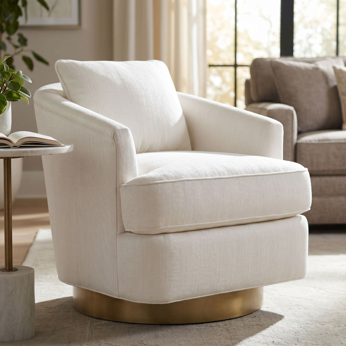 Close-up of Ophelia Swivel Chair highlighting plush cushioning and handcrafted wooden armrests in a cozy living space.