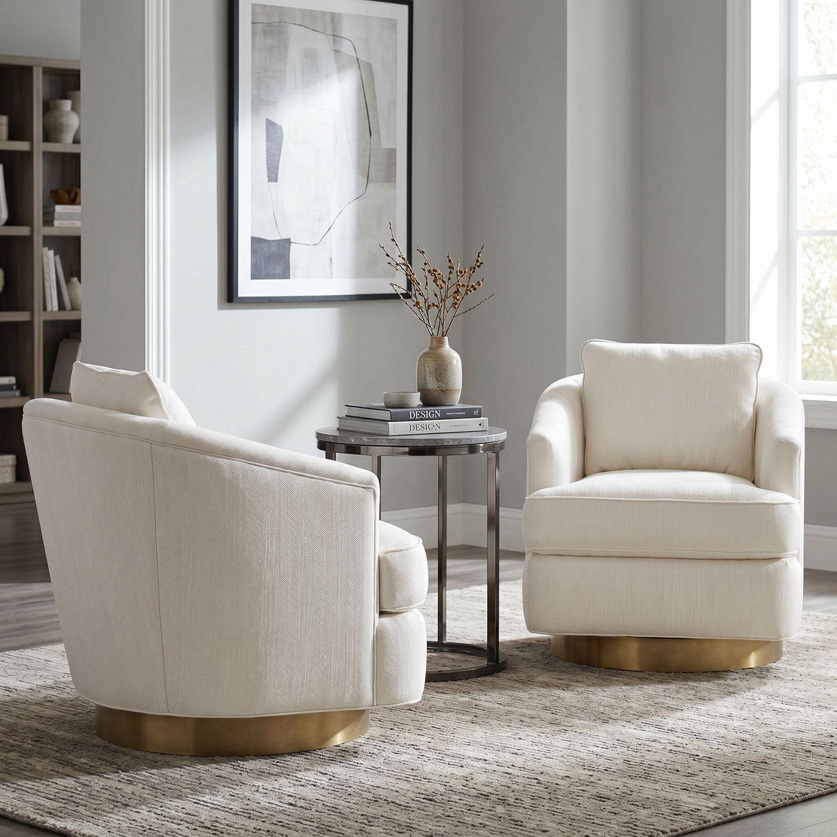 Full view of two Ophelia Swivel Chairs with a side table in a modern living room, showcasing elegant silhouette and luxurious fabric upholstery.