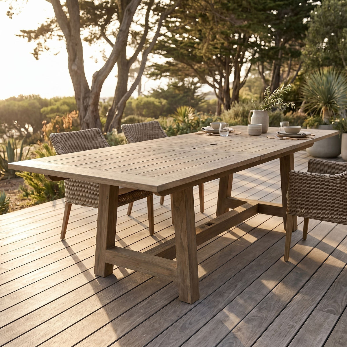 Full view of the Coastal Teak Dining Table outdoors on a sunlit patio, emphasizing length, wood grain, and rustic features against a coastal landscape.