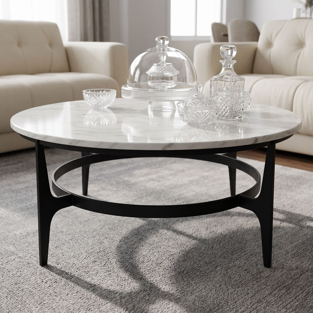 Perspective shot of Dena Coffee Table emphasizing stable black metal base and smooth marble surface in a well-lit room.