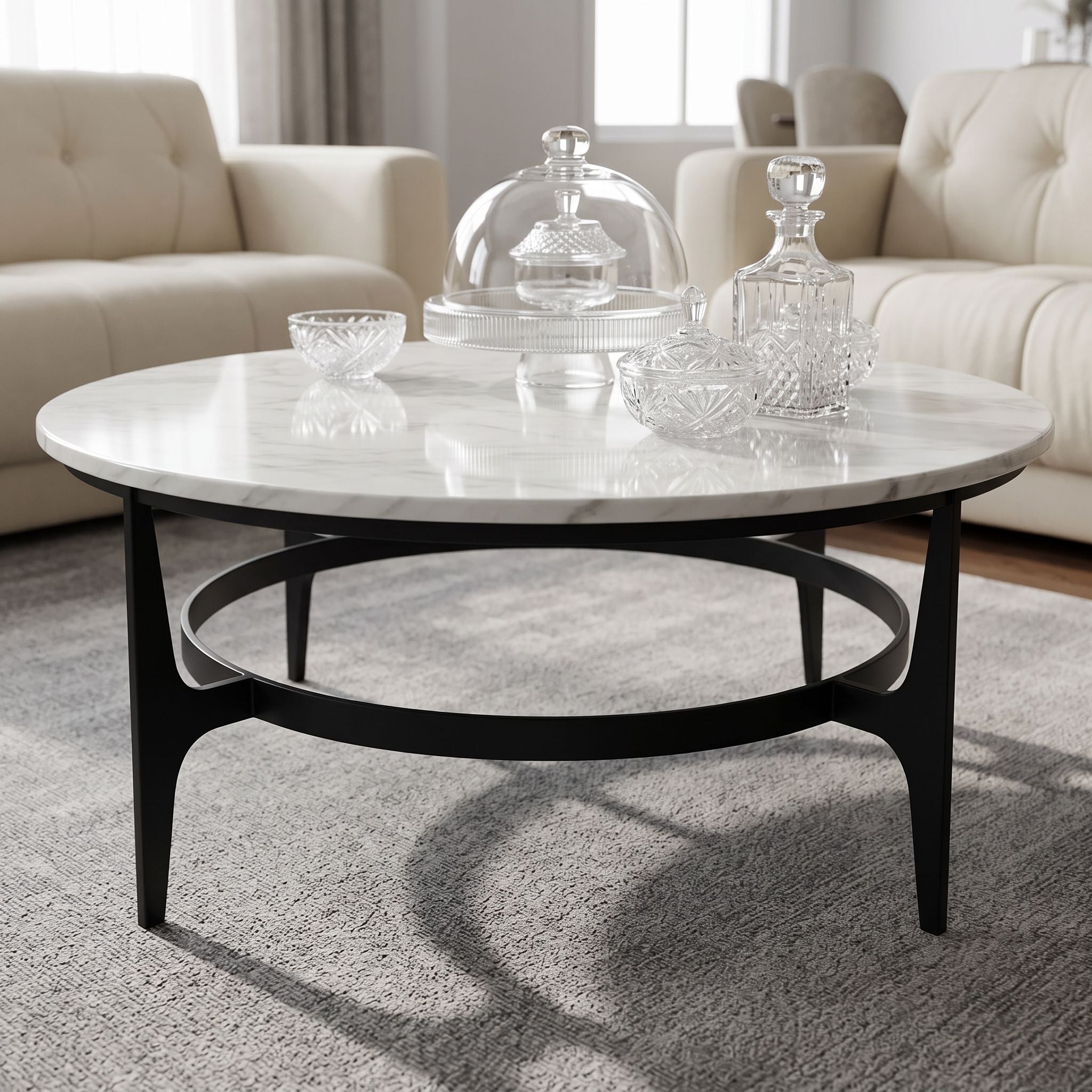 Perspective shot of Dena Coffee Table emphasizing stable black metal base and smooth marble surface in a well-lit room.