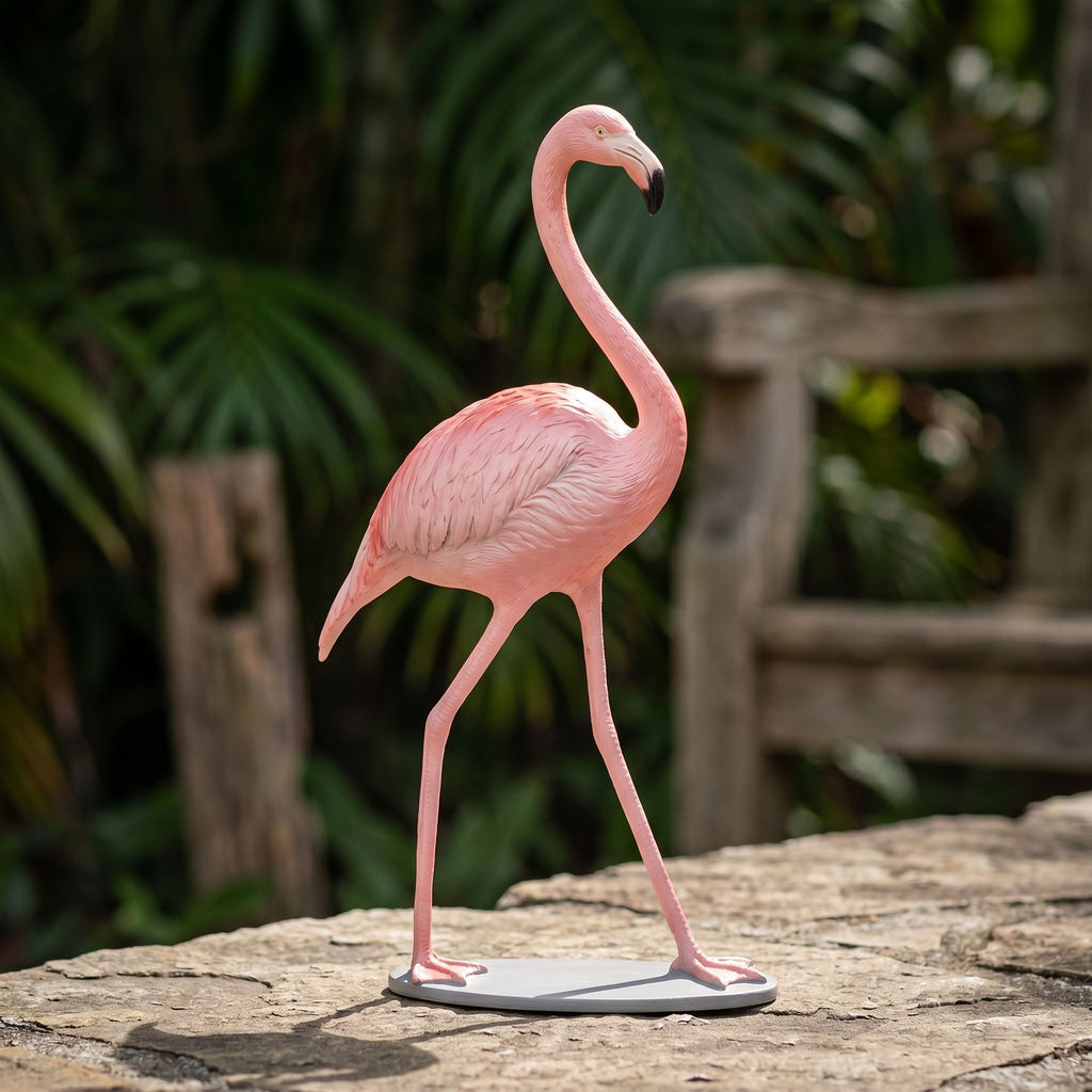 Petite flamingo sculpture sitting on textured natural stone in a rustic garden during daylight, showcasing its sleek lines and timeless craftsmanship.