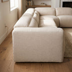 Side view of Radley Power Recliner sectional focusing on arm support, connection between pieces, and plush fabric detail.