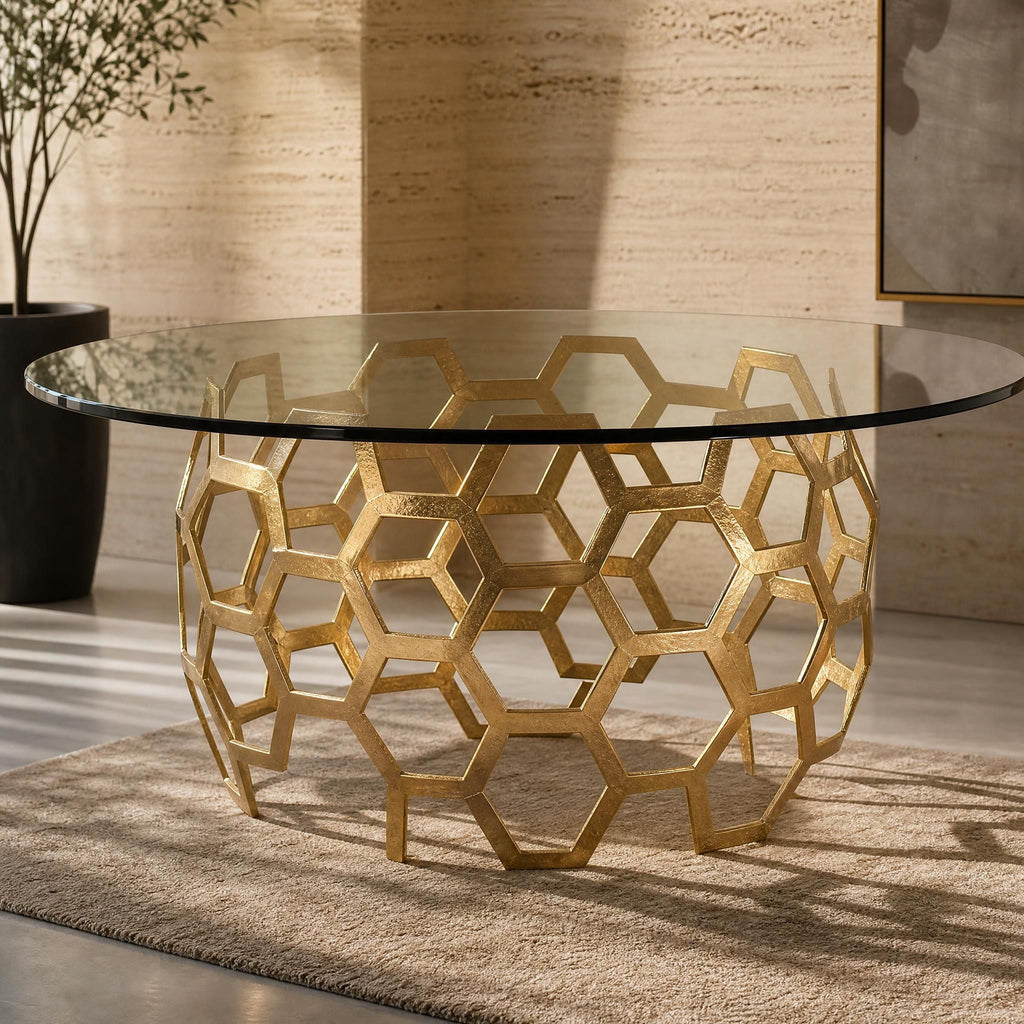 Side perspective highlighting detailed weave, polished brass finish, and glass top of the Dolma Dining Table in inviting space.