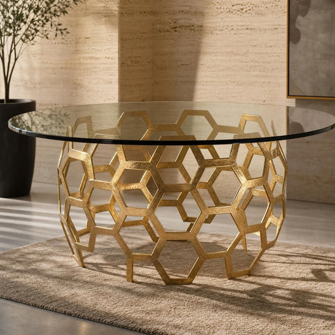 Side perspective highlighting detailed weave, polished brass finish, and glass top of the Dolma Dining Table in inviting space.