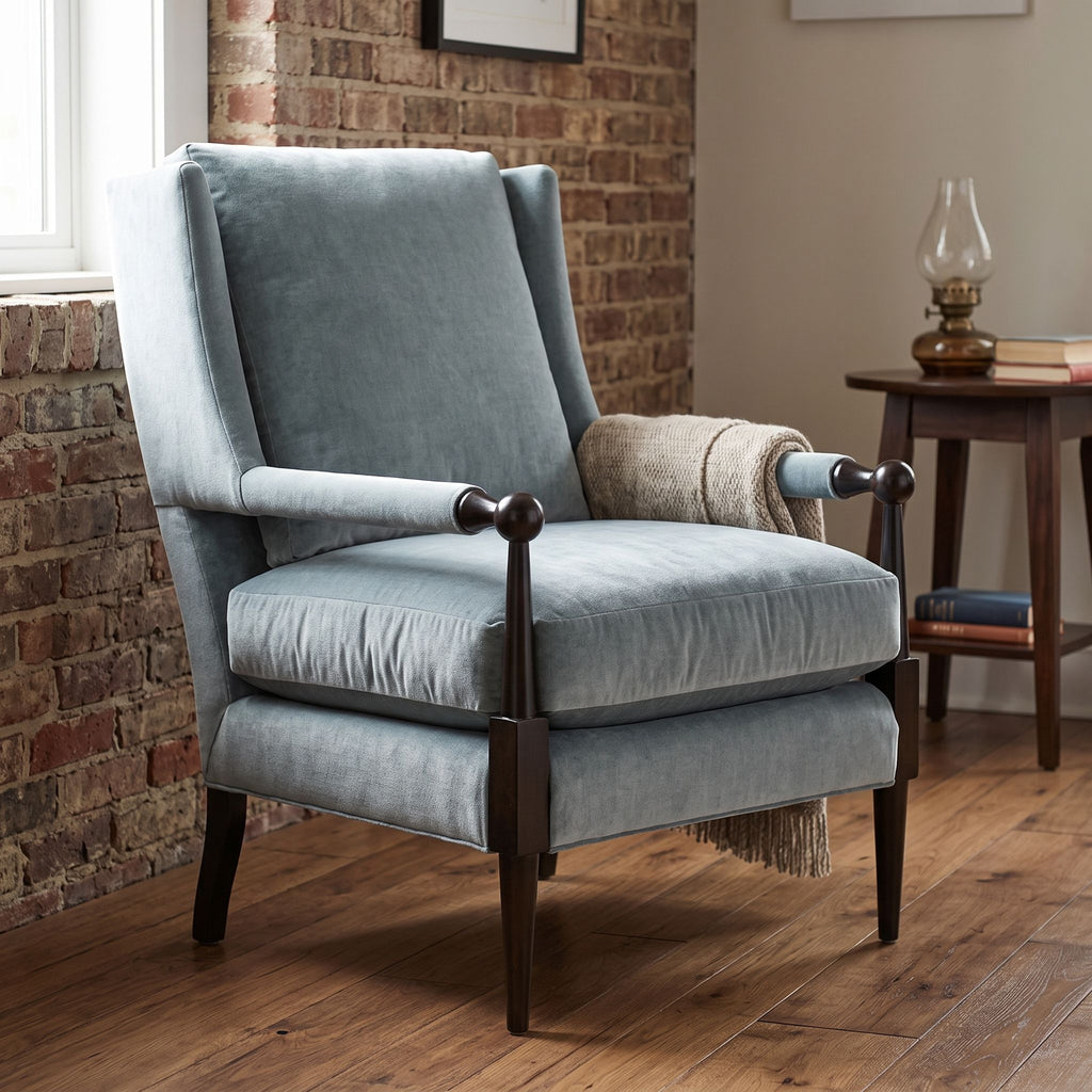 Side view of Hoyt Chair-484 beside a brick wall, capturing seat height, support system, and craftsmanship in a cozy environment.
