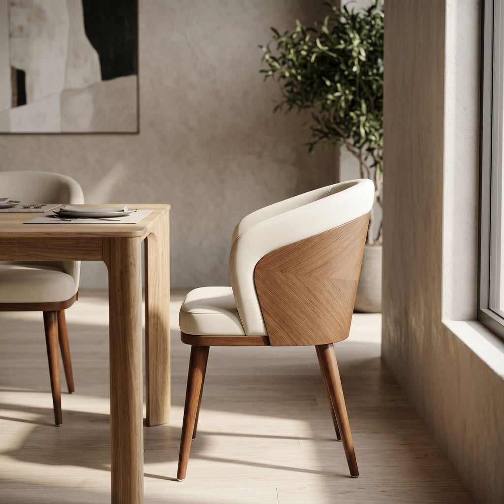Side profile of Laurent Dining Chair with stain-resistant upholstery against a textured neutral wall in a modern dining space.