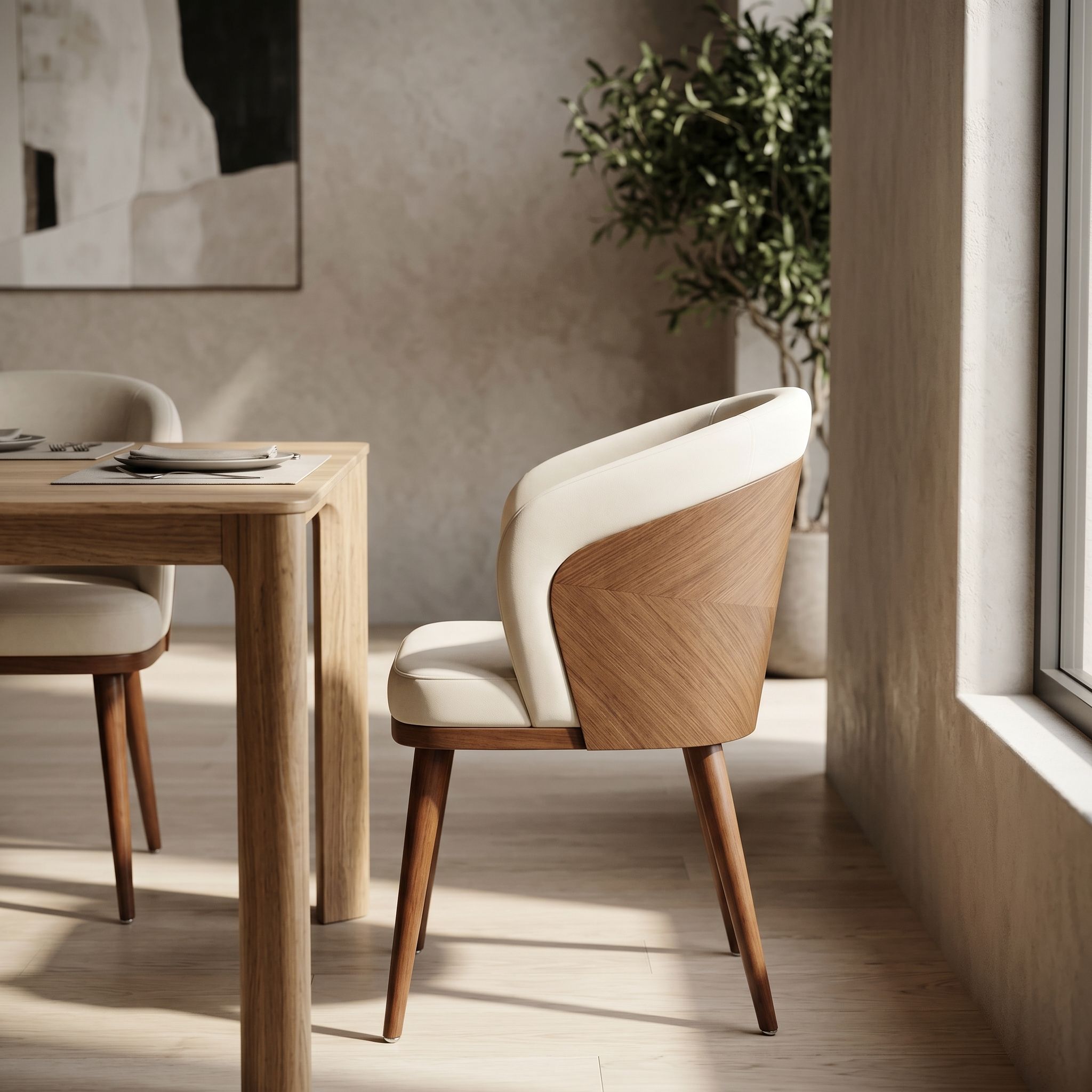 Side profile of Laurent Dining Chair with stain-resistant upholstery against a textured neutral wall in a modern dining space.