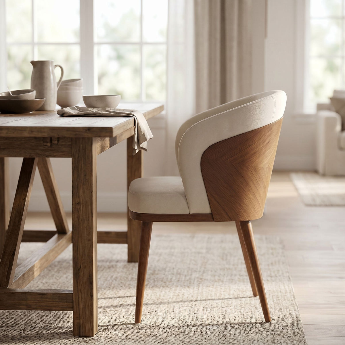 Side profile of Laurent Dining Chair next to rustic farmhouse dining table in natural daylight.