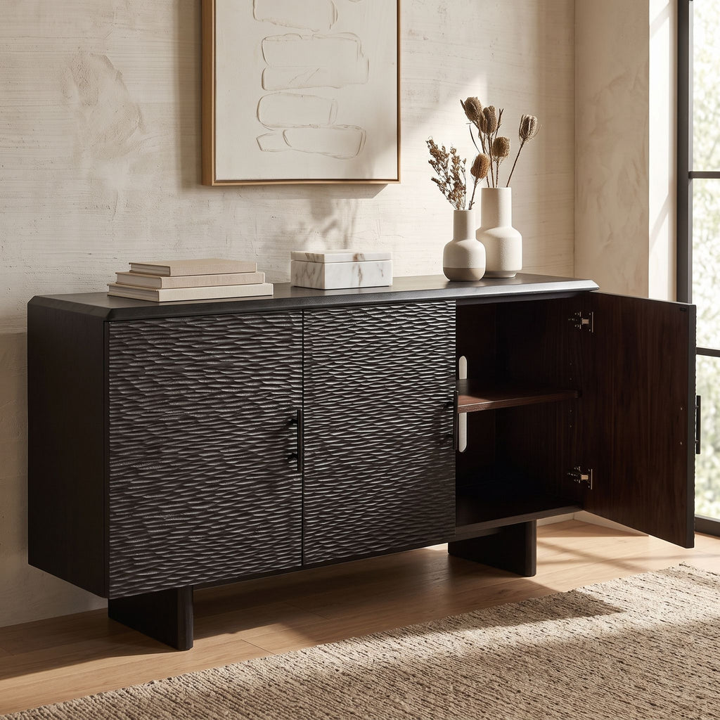 Full view of the Silvanos Sideboard in a modern living space with natural light, showing adjustable shelves and media access design.