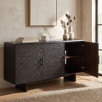Full view of the Silvanos Sideboard in a modern living space with natural light, showing adjustable shelves and media access design.