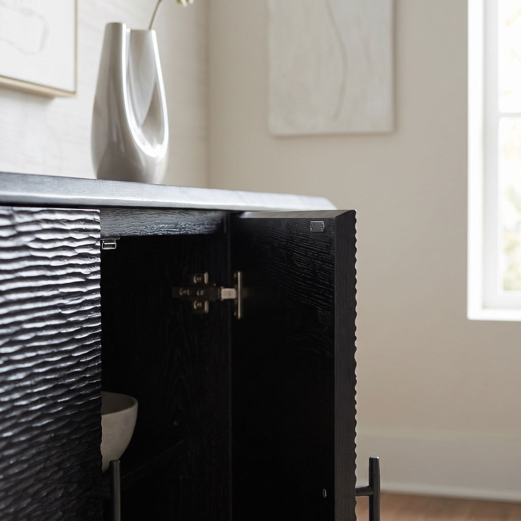 Close-up of the soft-close mechanism and edges of the Silvanos Sideboard, emphasizing craftsmanship in natural light.