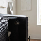 Close-up of the soft-close mechanism and edges of the Silvanos Sideboard, emphasizing craftsmanship in natural light.