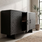 Full view of the Silvanos Sideboard in a contemporary living room highlighting its sleek design and adjustable interior shelves.