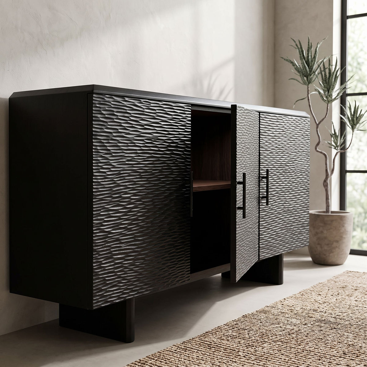 Full view of the Silvanos Sideboard in a contemporary living room highlighting its sleek design and adjustable interior shelves.