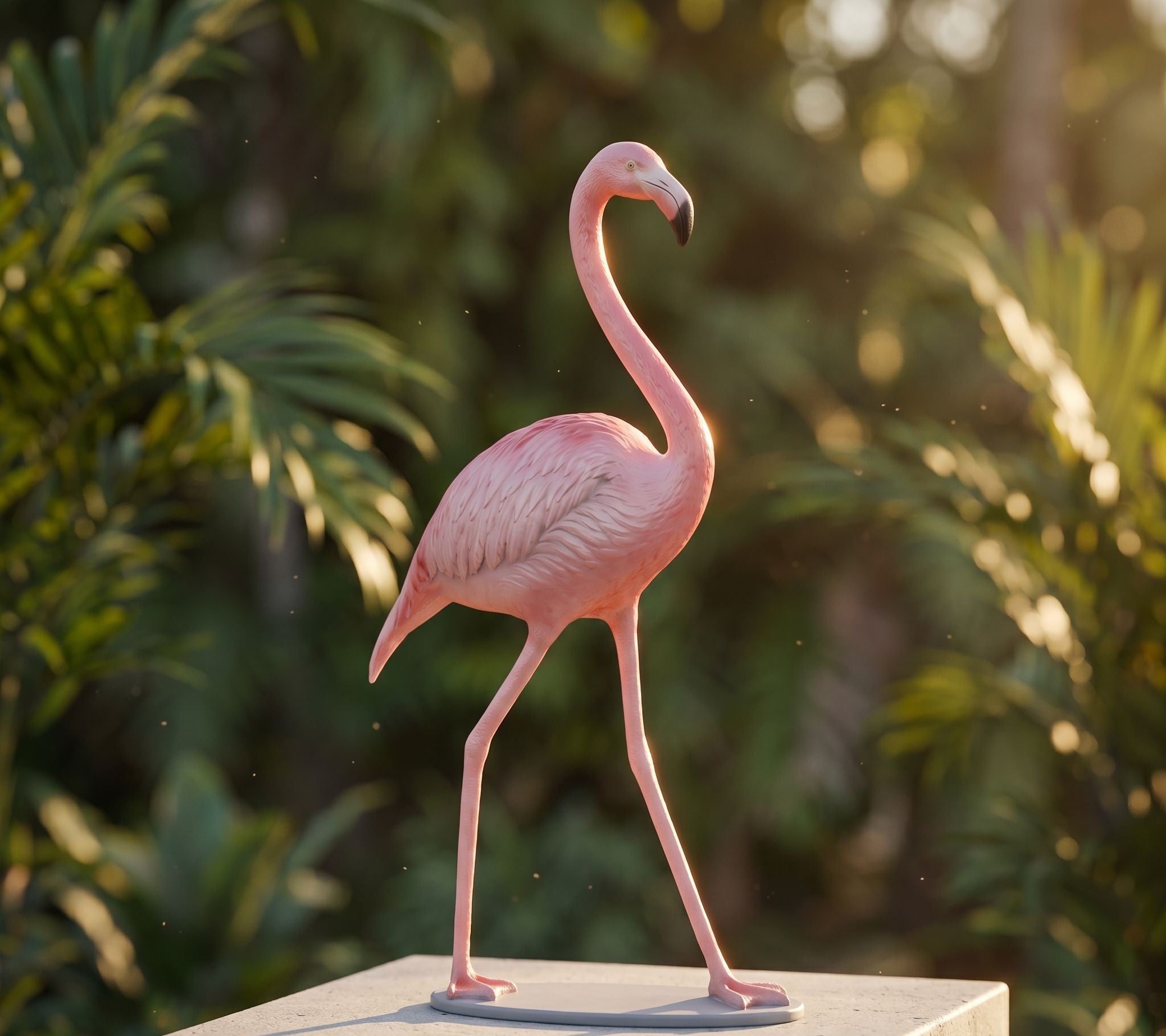 Small flamingo sculpture with smooth, polished finish placed on a minimalist concrete pedestal outdoors during golden hour, highlighting its elegant curves.