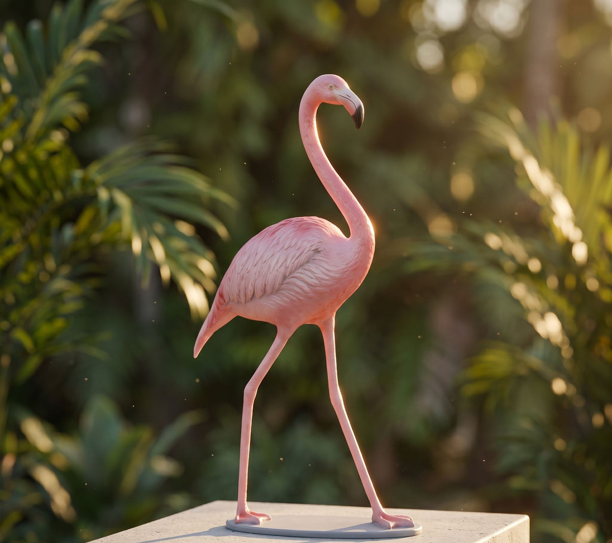 Small flamingo sculpture with smooth, polished finish placed on a minimalist concrete pedestal outdoors during golden hour, highlighting its elegant curves.