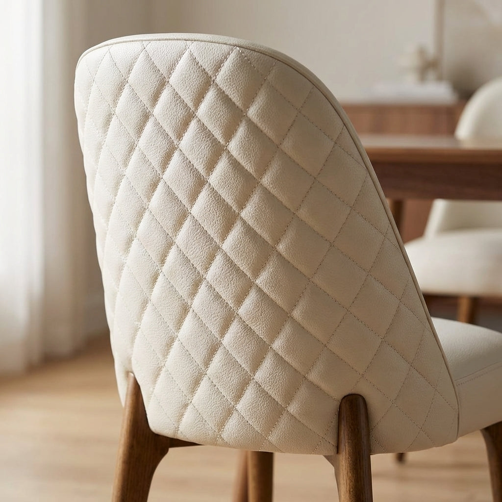 Close-up of Stitches dining chair's diamond tufted back, showcasing rich ecru faux leather texture and detailed stitching in a minimalist setting.