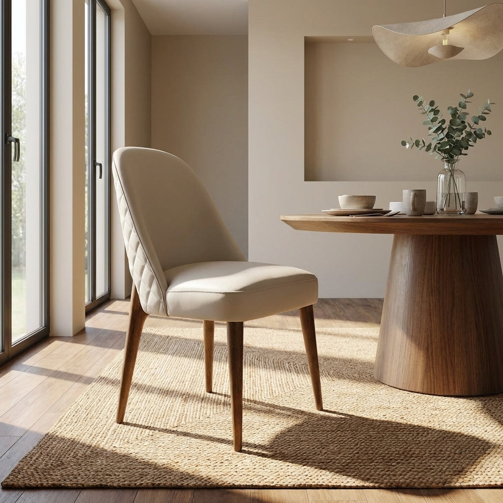 Full-body view of Stitches dining chair in a modern dining room, highlighting warm walnut oak legs, elegant silhouette, and natural daylight.