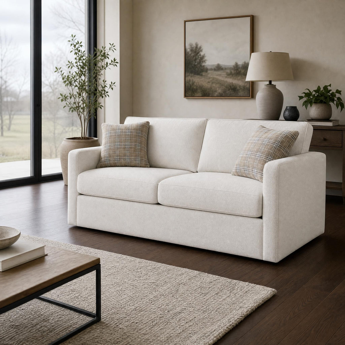 Full view of the off-white Stockdale classic sleeper sofa positioned in a contemporary living room.