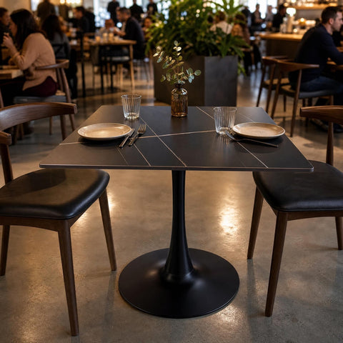 Centered shot of Valli dining table in a lively café with plates and cutlery on durable sintered stone surface.