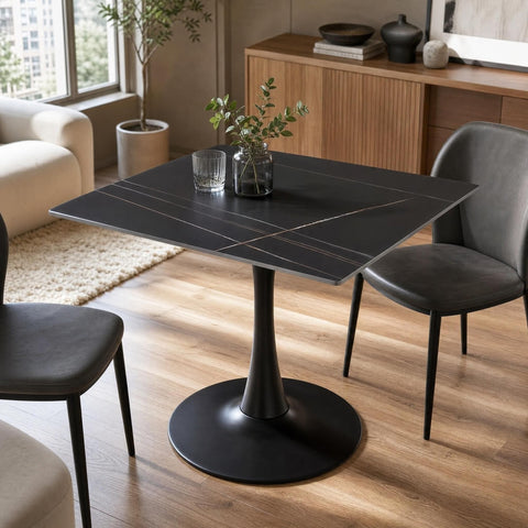 Side angle of Valli square dining table emphasizing thickness and matte finish in a contemporary apartment.